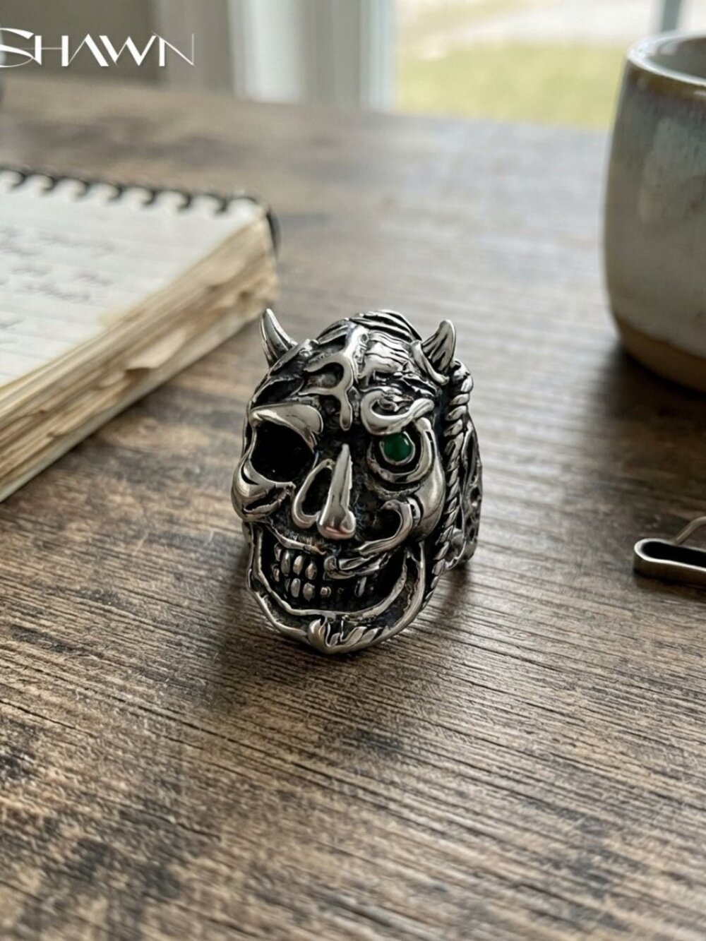 Mens Green-Eye Hannya Half-Face Skull Ring
